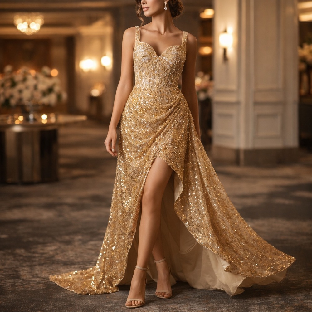 Gold Sequin & Embroidered Formal Gown w/ Train NWT Size 8
